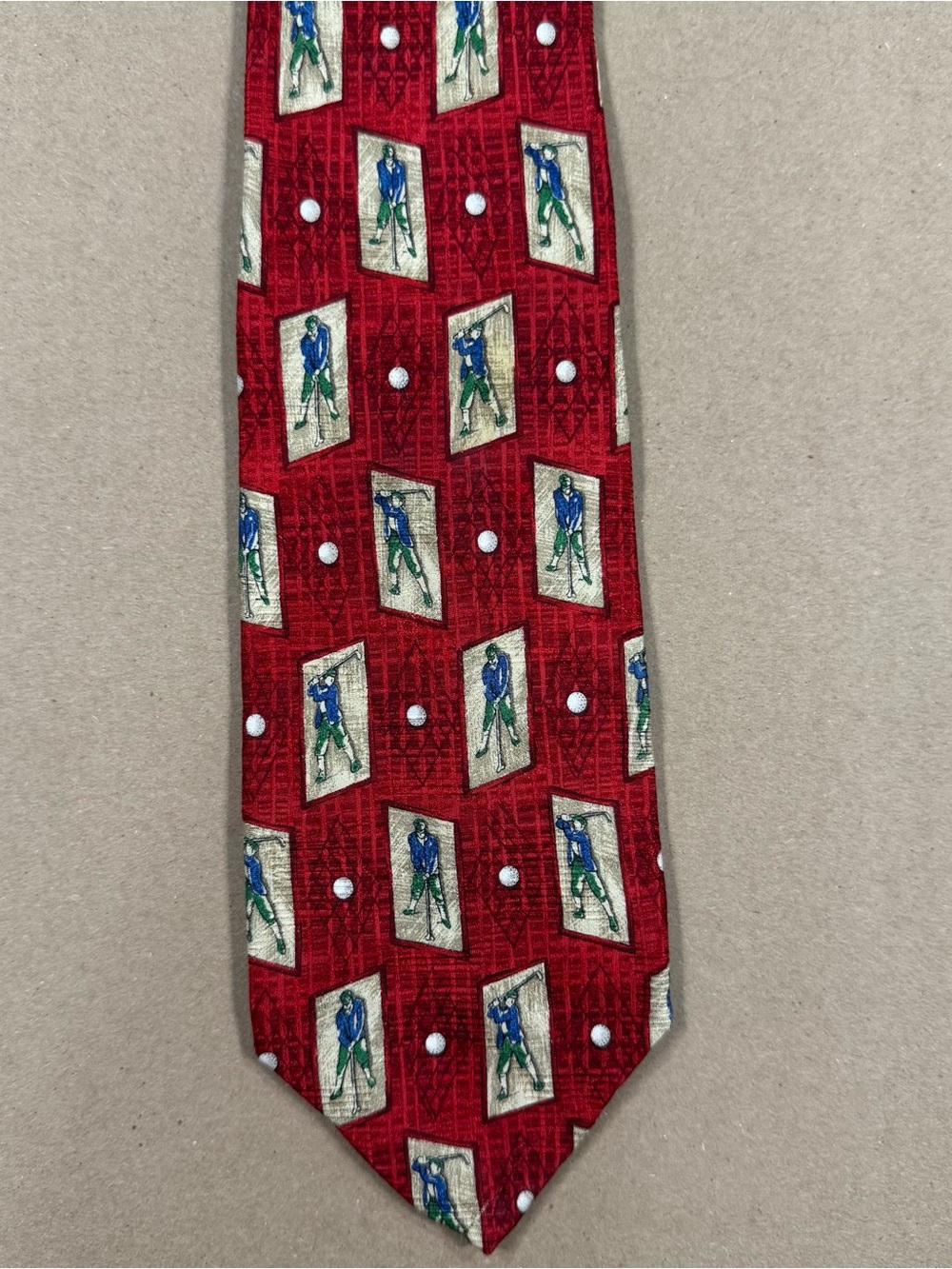 Robert Talbott Red Silk Tie with Blue and Green Golfer Motifs